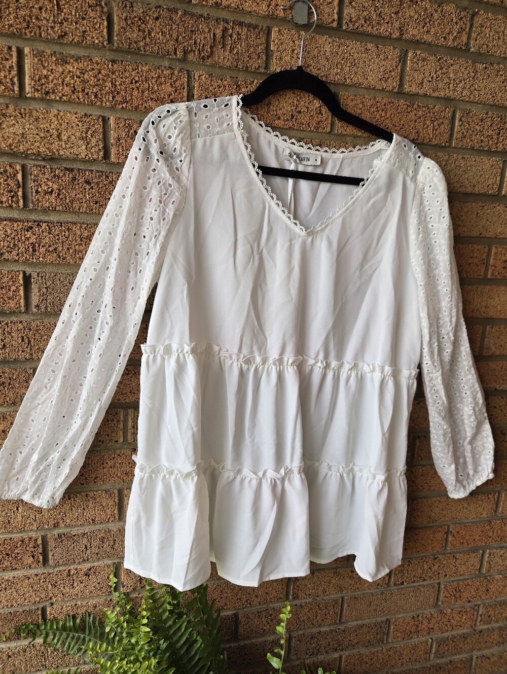 NWT Grace Karin White Eyelet Long Sleeve Tiered Tunic Top - Size M